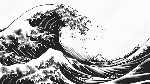 Monochrome Hand Drawn Illustration of Sea Ocean Wave for Design Projects photo