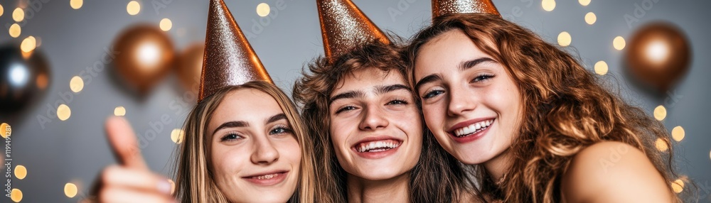 Happy friends celebrate with thumbs up, party hats, balloons. Website, social media use Happy friends celebrate with thumbs up, party hats, balloons. Website, social media use