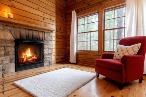 Wallpaper Mural Cozy cabin interior featuring olive-brown woodwork, a dark red armchair, and a warm fireplace with natural light streaming through large windows Torontodigital.ca