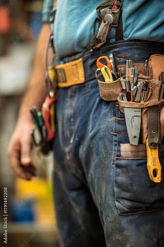 Work pants, tool belt, various tools. Work pants, tool belt, various tools.