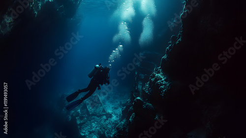Wallpaper Mural An Adventurous Deep-Sea Diver's Exploration of a Mysterious Underwater Cave Filled with Life and Secrets Torontodigital.ca