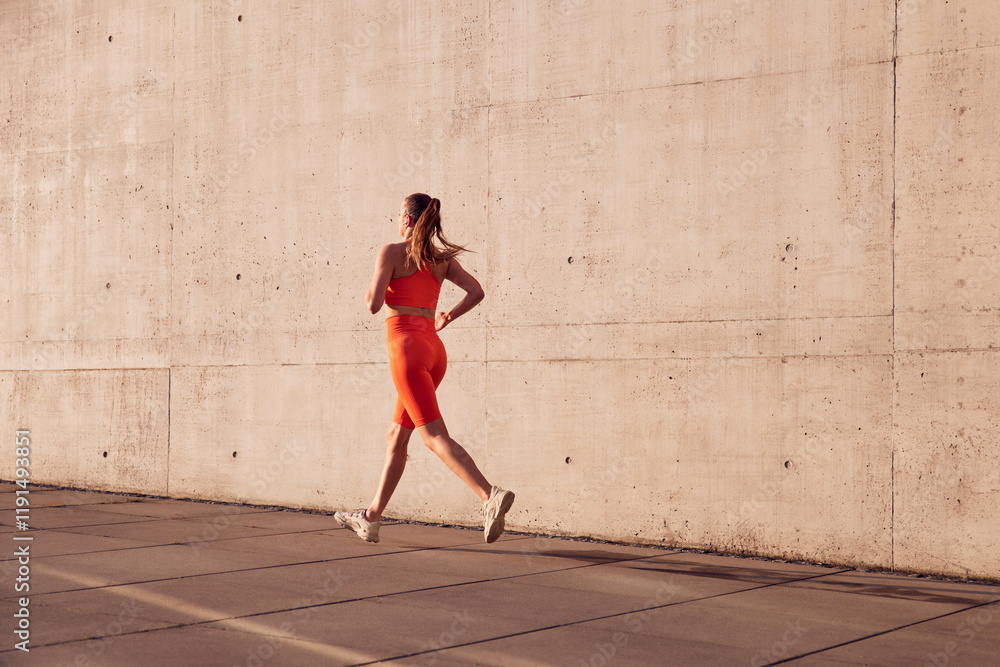 Fototapeta premium Rear view of fit woman running outdoors against concrete wall