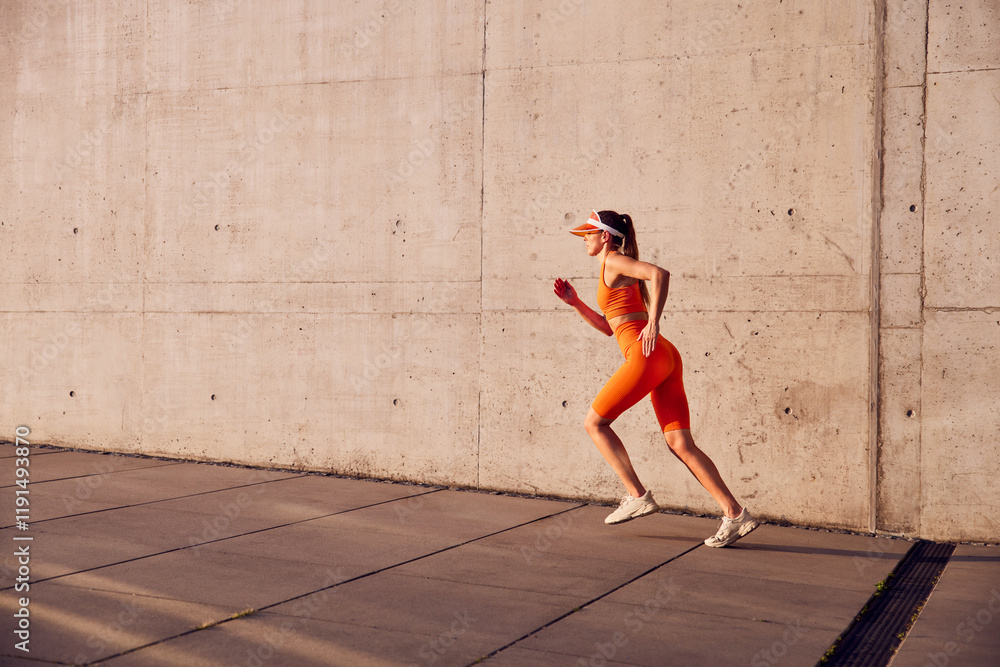 Fototapeta premium Fit woman in orange sportswear running against concrete wall during outdoors exercise