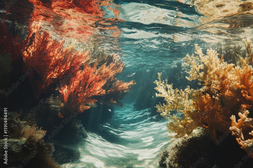 Fototapeta premium Vibrant DSLR photo Fast underwater river flowing through reef