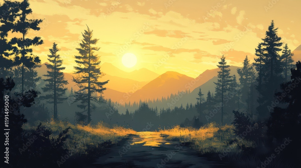 Golden Sunset Over Mountain Stream And Pine Forest Golden Sunset Over Mountain Stream And Pine Forest