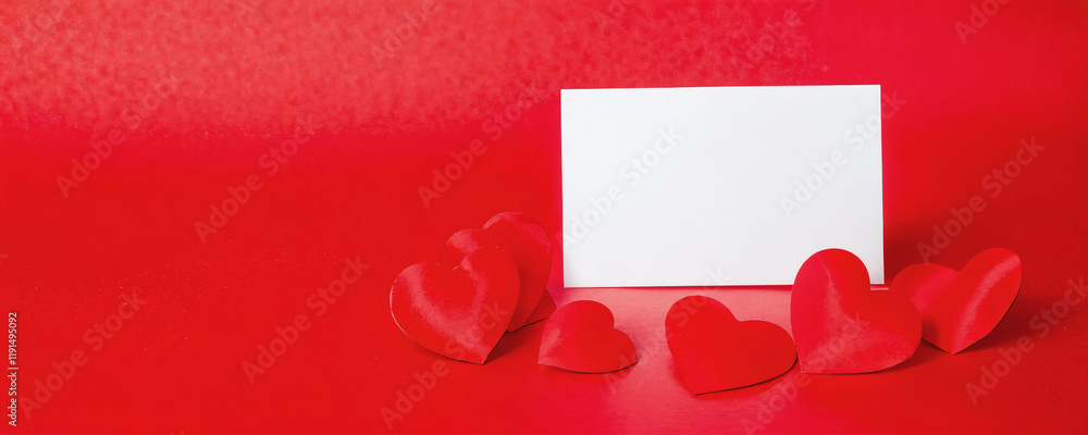 Red hearts and blank card on vibrant background for romantic messages and celebrations. Valentine’s Day, date, engagement, love, wedding, background Red hearts and blank card on vibrant background for romantic messages and celebrations. Valentine’s Day, date, engagement, love, wedding, background