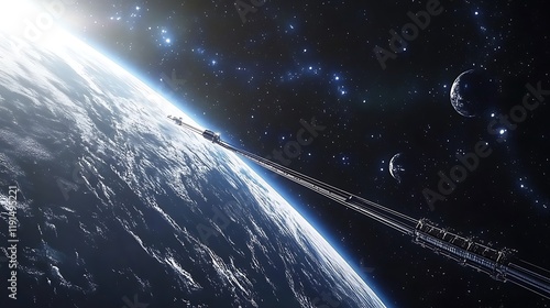 Fototapeta Naklejka Na Ścianę i Meble -  Artistic depiction of a futuristic space elevator connecting Earth to an orbital station