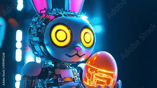 A robotic bunny with glowing eyes and intricate details holds a luminous Easter egg in a high tech atmosphere filled with neon lights photo