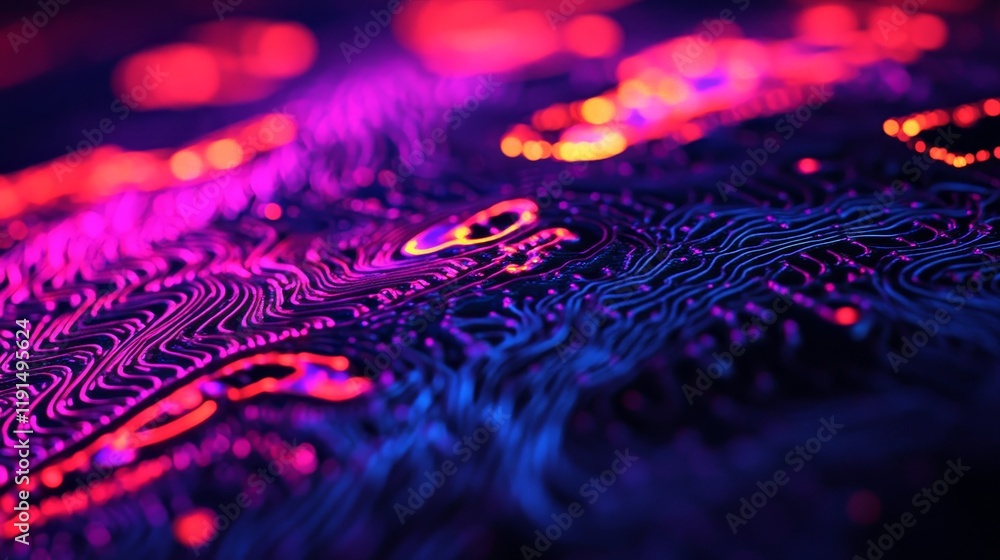 Neon circuit board pattern on dark background Neon circuit board pattern on dark background