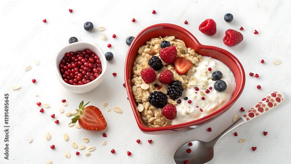 Oatmeal porridge with berry and yogurt in red bowl in the heart shape, top view. Oat flakes healthy breakfast meal. Clean eating, dieting, healthy food. Copy space Oatmeal porridge with berry and yogurt in red bowl in the heart shape, top view. Oat flakes healthy breakfast meal. Clean eating, dieting, healthy food. Copy space