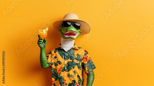 Crocodile enjoying cocktail on yellow background, summer vacation concept, tropical shirt and hat