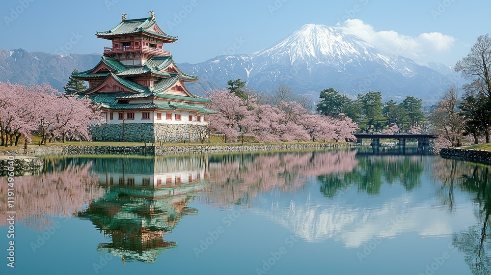 Fototapeta premium Serene Spring in Japan: Matsumoto Castle's Reflection