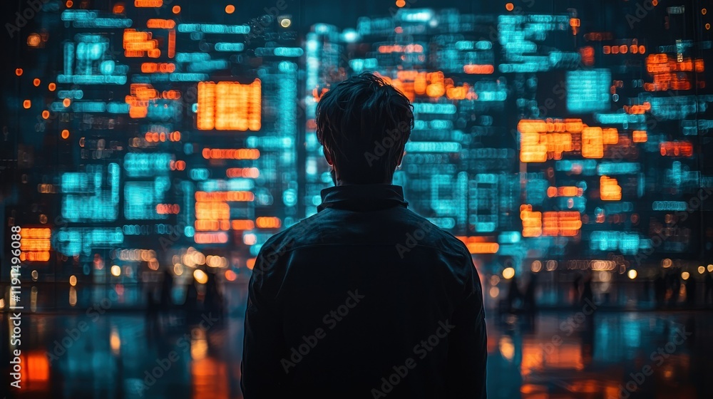 Cyberpunk Cityscape: Man Contemplating Digital Data Streams Cyberpunk Cityscape: Man Contemplating Digital Data Streams