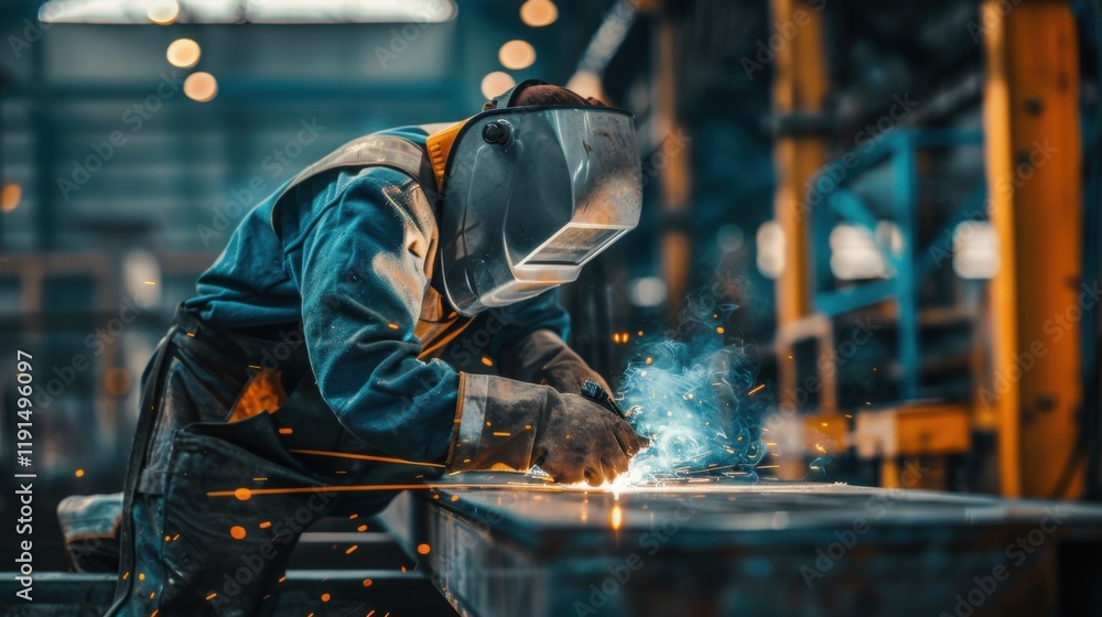 A close-up of a welder in protective gear, working on intricate metalwork at a fabrication workshop, Metal fabrication scene A close-up of a welder in protective gear, working on intricate metalwork at a fabrication workshop, Metal fabrication scene