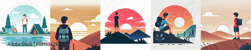 mountain climbing teenager vector set