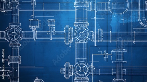Blueprint drawing of industrial pipelines and valves.