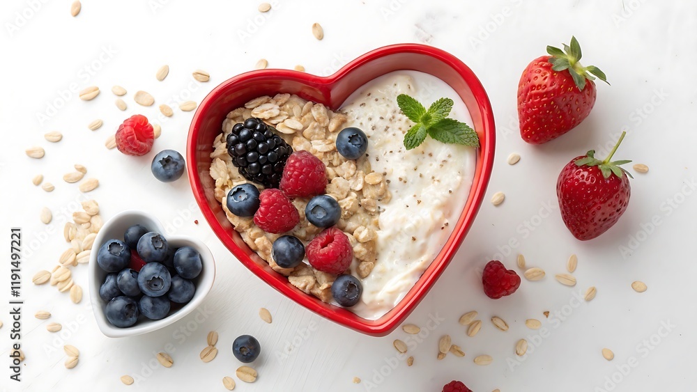 Oatmeal porridge with berry and yogurt in red bowl in the heart shape, top view. Oat flakes healthy breakfast meal. Clean eating, dieting, healthy food. Copy space Oatmeal porridge with berry and yogurt in red bowl in the heart shape, top view. Oat flakes healthy breakfast meal. Clean eating, dieting, healthy food. Copy space