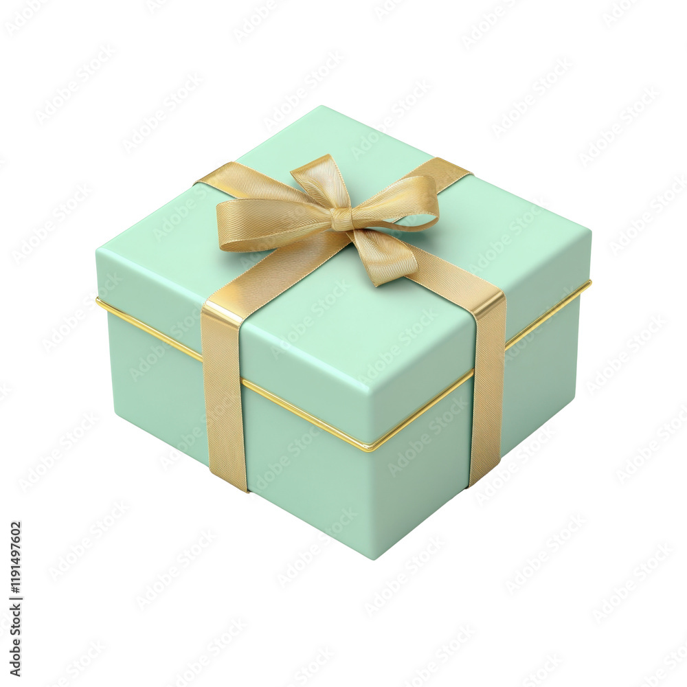 Obraz premium 3D illustration of a square gift box with a gold ribbon and pale green base. The luxurious and elegant design makes it perfect for upscale occasions. Isolated on transparent background, png.