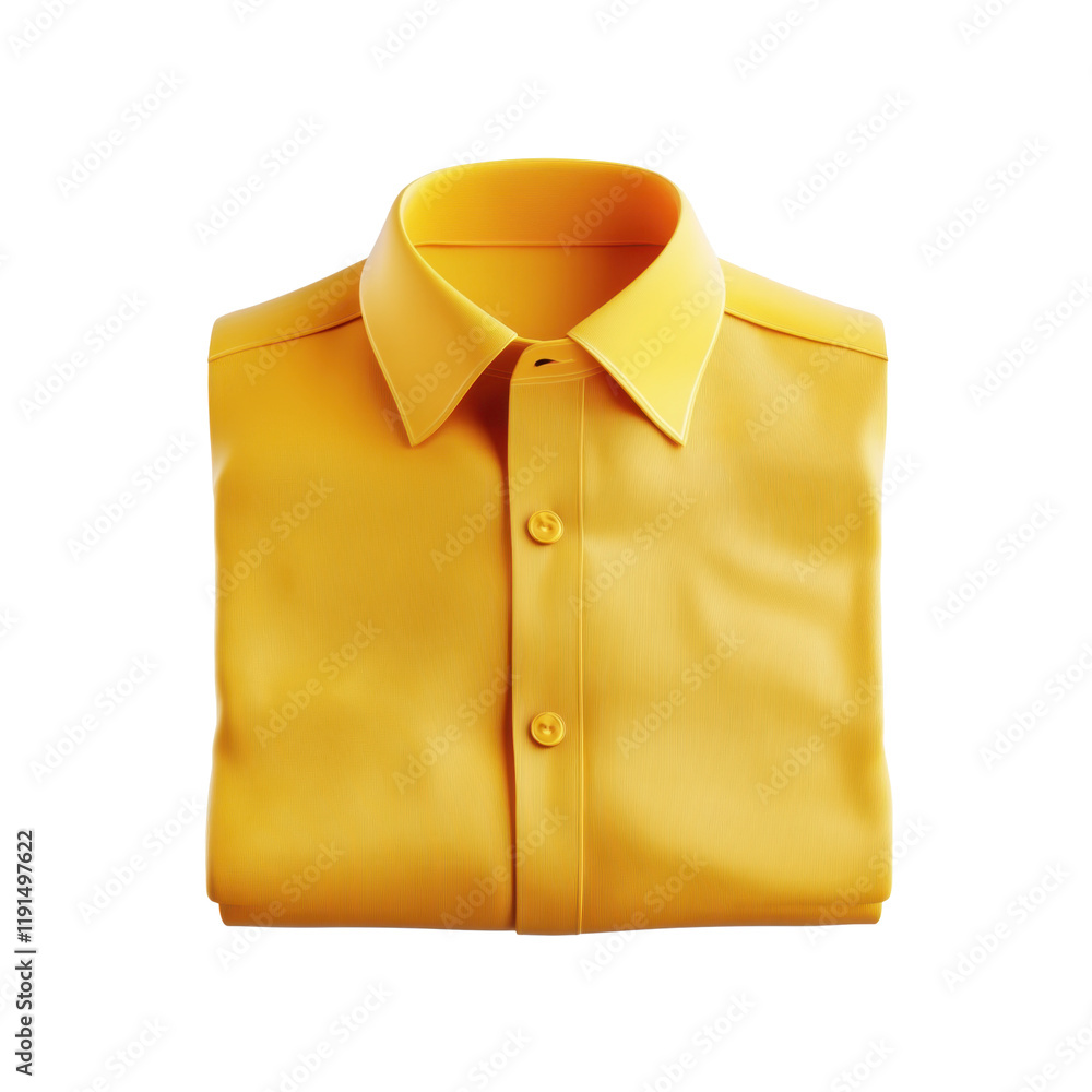 3D illustration of a folded yellow shirt with a pointed collar and button details. The shirt features a clean, modern look in vibrant yellow. Isolated on transparent background, png. 3D illustration of a folded yellow shirt with a pointed collar and button details. The shirt features a clean, modern look in vibrant yellow. Isolated on transparent background, png.