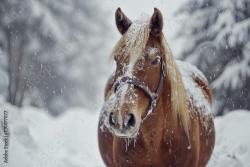 Brown horse with light mane wearing bridle standing in snowy forest during snowfall in winter