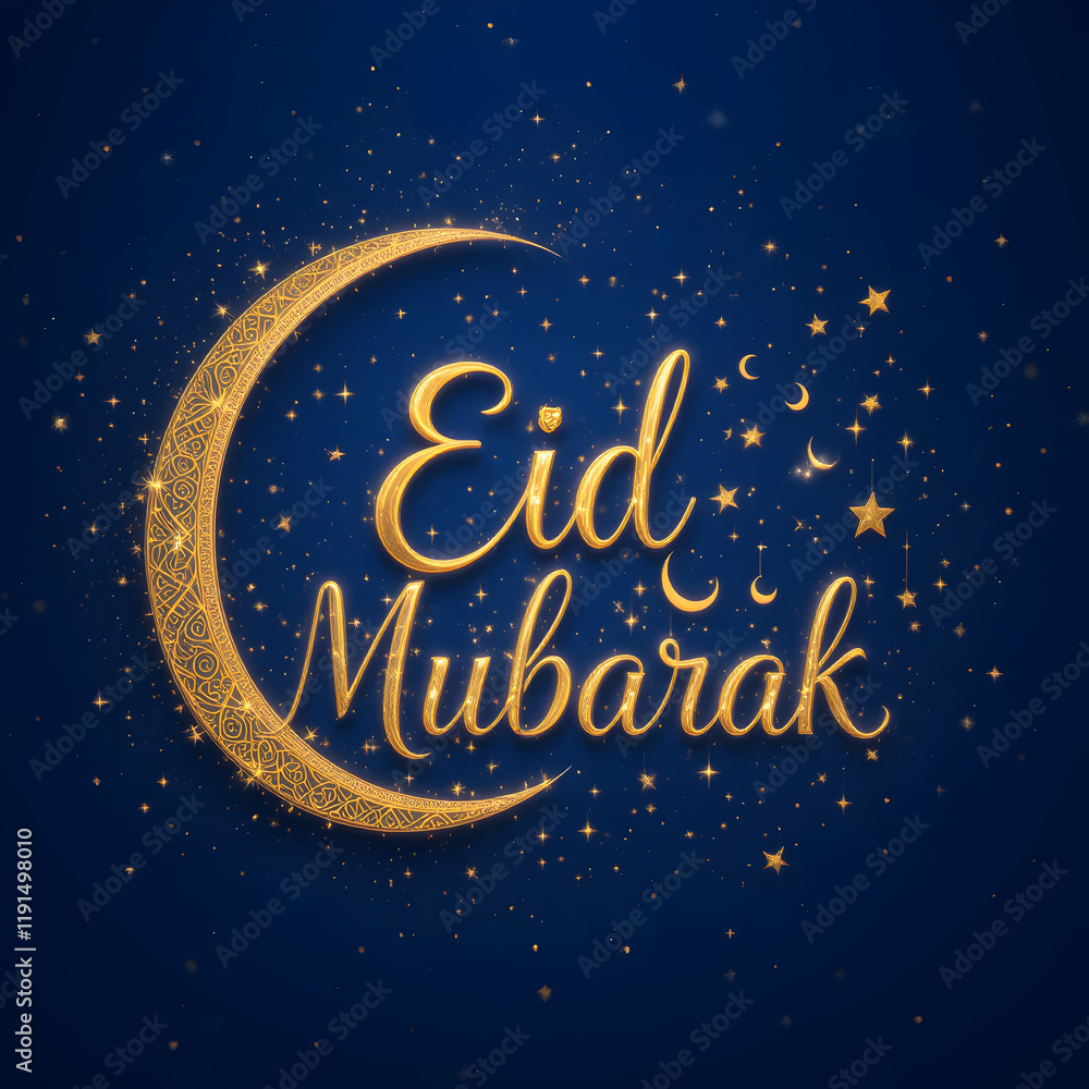 Naklejka premium Golden Eid Mubarak Crescent Moon Night Stars Festive Design Greeting Card Art Blue Islam Shiny Image