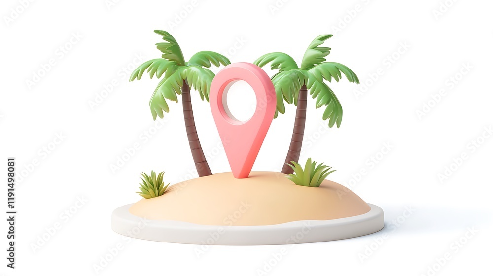 Obraz premium 3D location pin icon on a sandy island with two palm trees. 