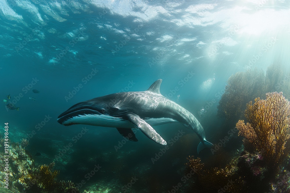 Fototapeta premium Vibrant underwater photo captures minke whale breaching in sunlight