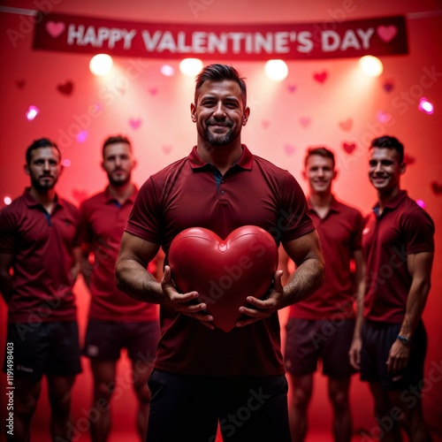 Valentine's Day Team Spirit. A group of men in red shirts pose for a Valentine's Day photo, one holding a large heart. photo