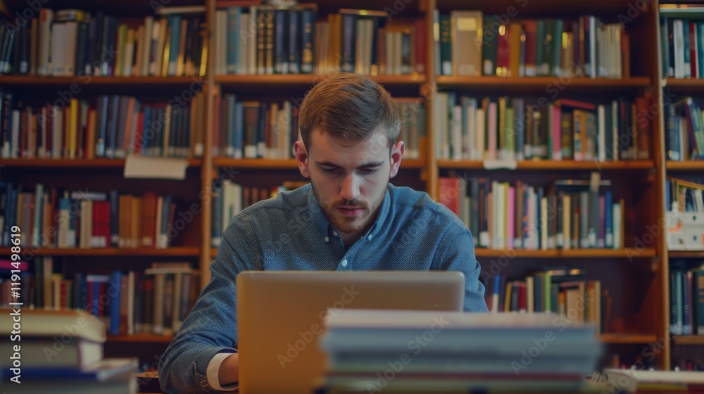 A man is sitting at a desk with a laptop and a stack of books A man is sitting at a desk with a laptop and a stack of books