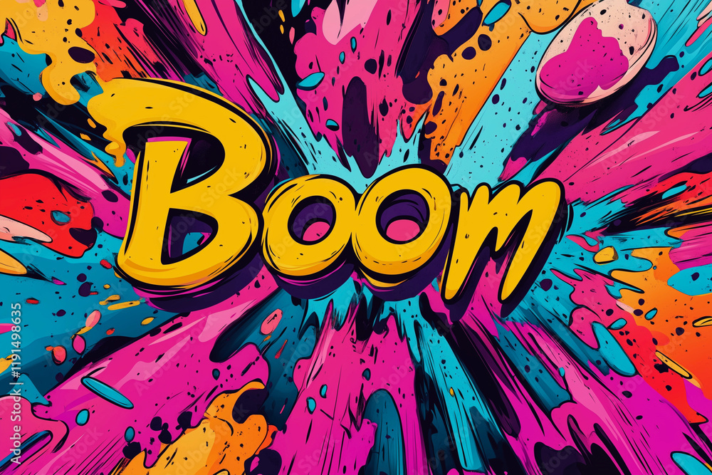 Fototapeta premium colorful explosion with the word BOOM written in yellow. The image has a vibrant and energetic feel, with the word BOOM standing out against the colorful background