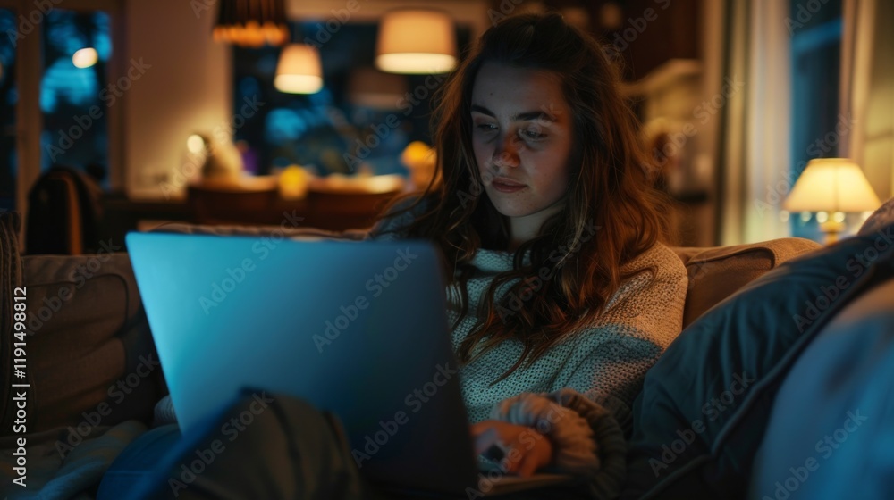 Fototapeta premium A woman is sitting on a couch and using a laptop