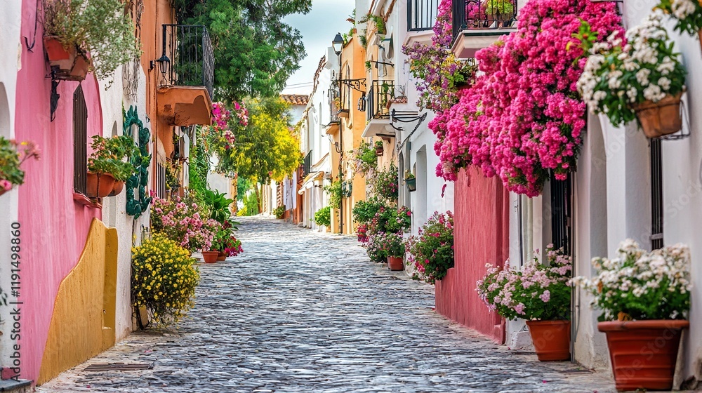 Typical view of empty narrow European street with colorful walls and flowers in pots. Architecture and landmark. Cozy city landscape, tourist route Typical view of empty narrow European street with colorful walls and flowers in pots. Architecture and landmark. Cozy city landscape, tourist route