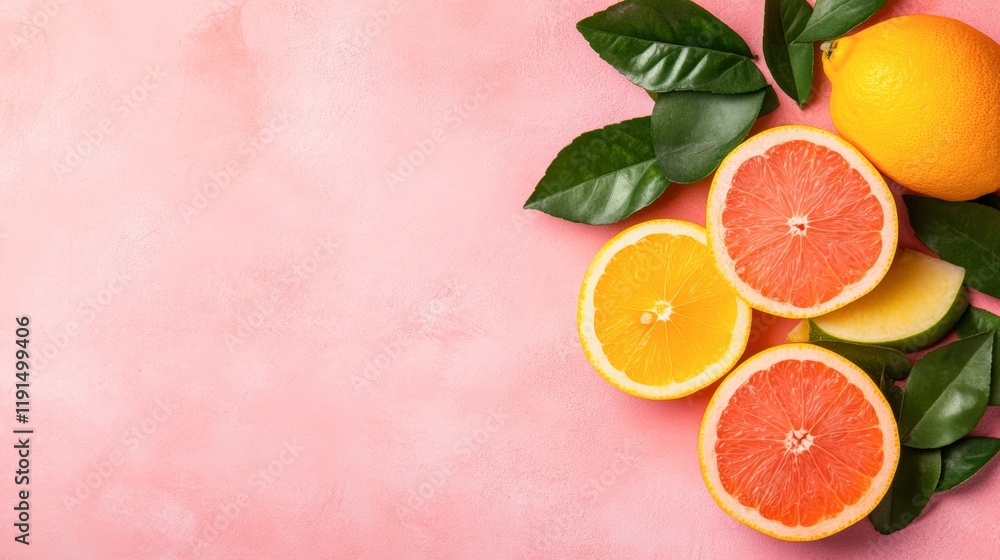 Brightly colored citrus fruits arranged on a pink surface, featuring oranges, lemons, and grapefruits surrounded by green leaves, Ideal for food-related articles, health blogs, or culinary promotions Brightly colored citrus fruits arranged on a pink surface, featuring oranges, lemons, and grapefruits surrounded by green leaves, Ideal for food-related articles, health blogs, or culinary promotions