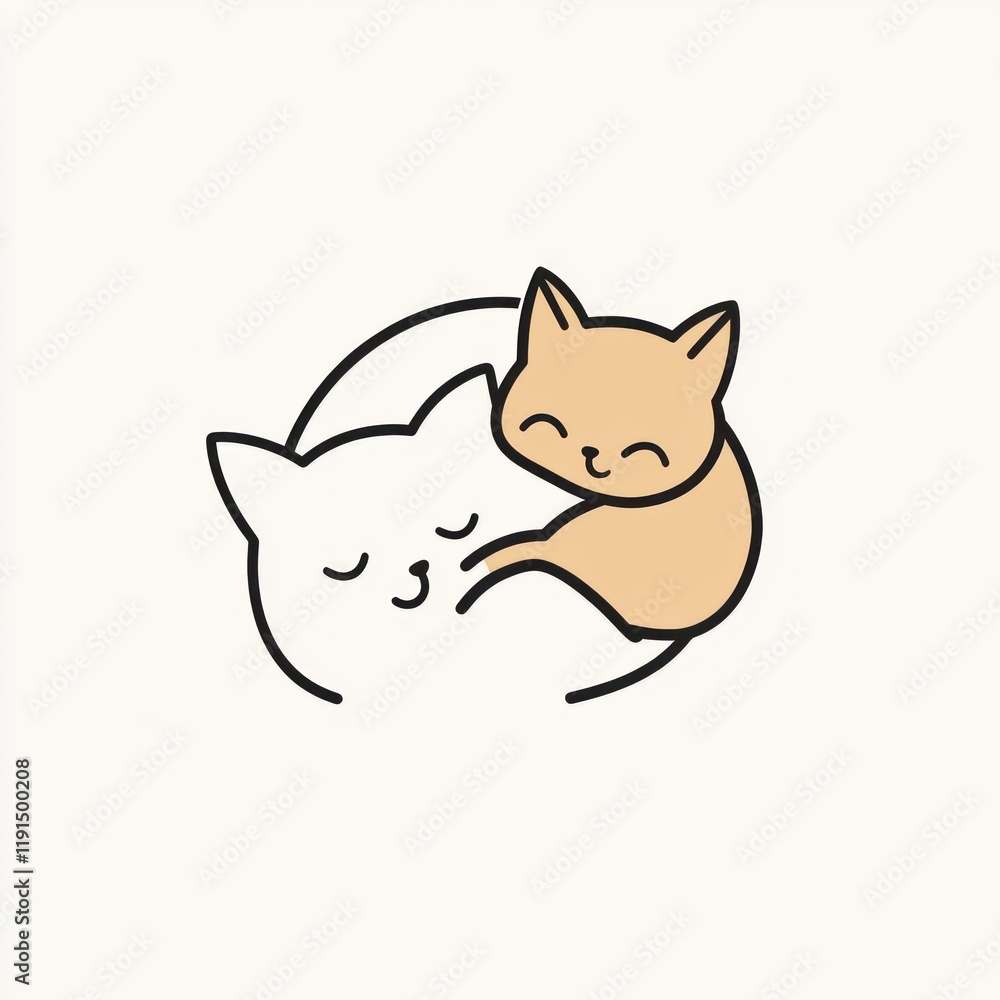 Two cartoon cats cuddling on a white background for pet care product Two cartoon cats cuddling on a white background for pet care product