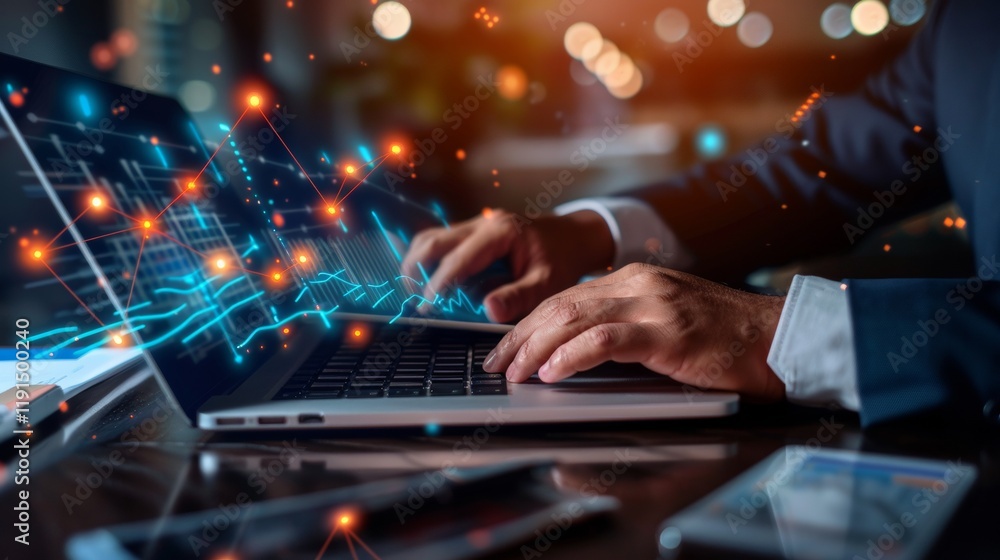 Businessman using laptop and tablet with global network connection, data exchange, digital technology, data science, and digital marketing for global business investment. Businessman using laptop and tablet with global network connection, data exchange, digital technology, data science, and digital marketing for global business investment.