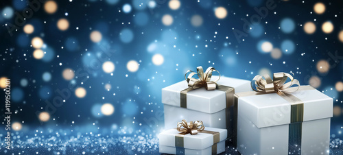 gift boxes with silver ribbons and snow on white background