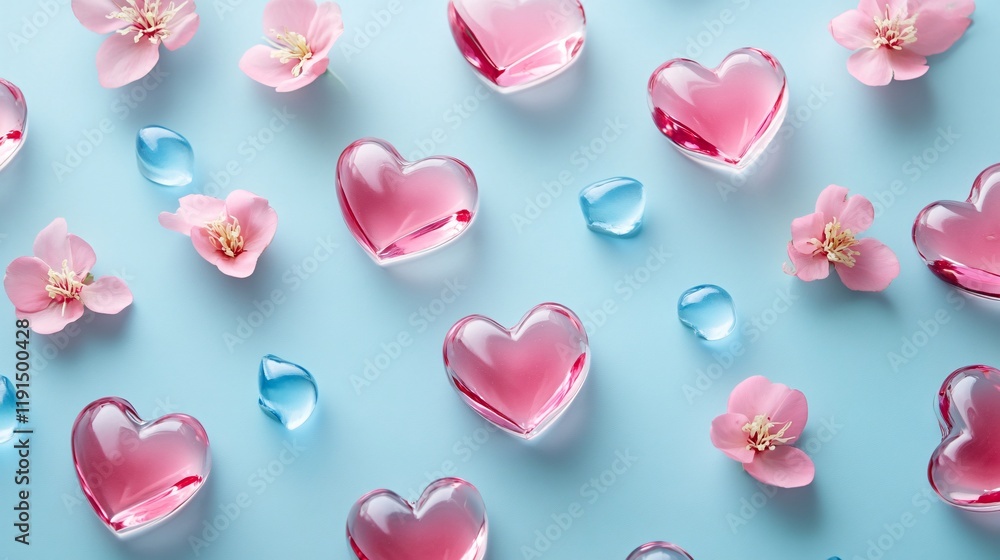 Obraz premium Pink Glass Hearts and Flowers Pattern on Blue Background