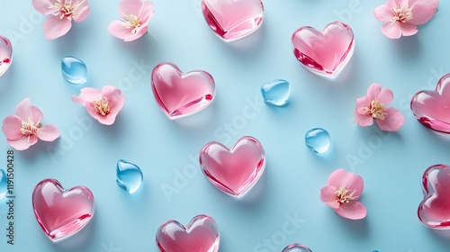 Pink Glass Hearts and Flowers Pattern on Blue Background