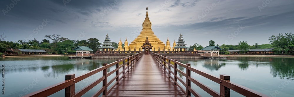 Fototapeta premium Golden pagoda on lake with wooden bridge.