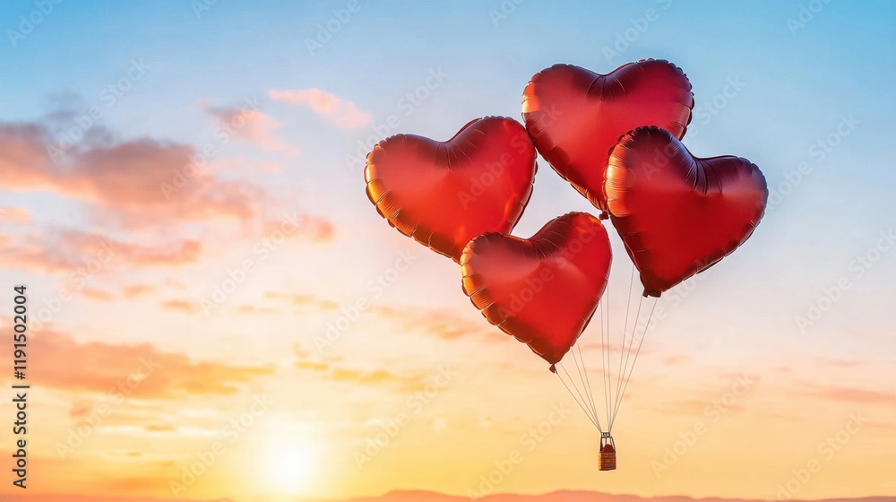 Fototapeta premium Romantic Hot Air Balloon Ride with Heart-Shaped Balloons