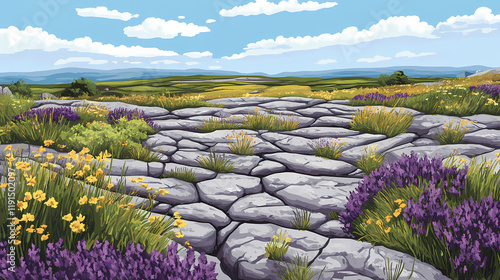 Limestone pavements and unique flora in burren national park, county clare, ireland, burren national park, county clare. Glimmerstone. Illustration