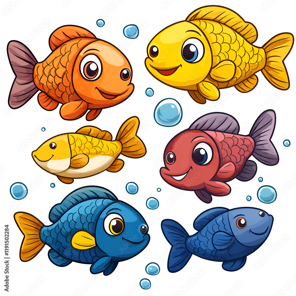 Naklejka premium Colorful Cartoon Goldfish Collection for Kids Art with Playful Underwater Scene and Bubbles