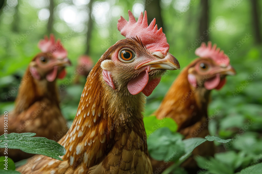 Fototapeta premium Close-up of hens in their natural environment. The central position is occupied by a hen with expressive brown-golden plumage and a bright red comb. Her large, 