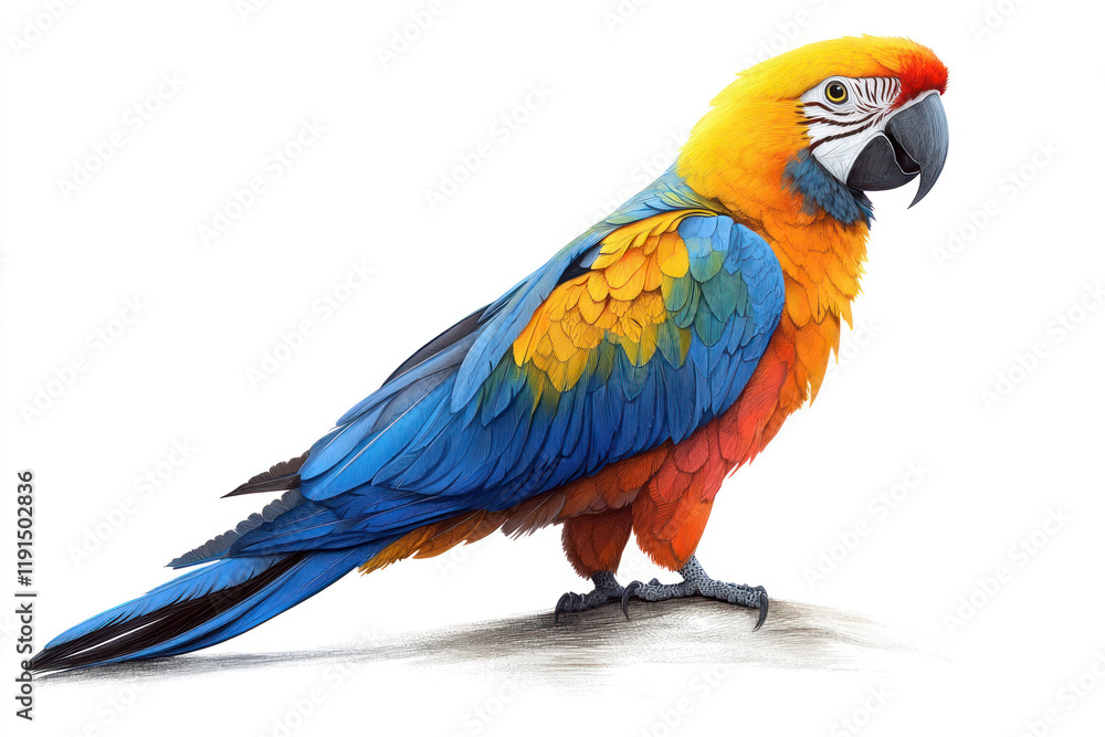 A bright macaw parrot standing on a light background. The bird stands out with its rich color palette. A bright macaw parrot standing on a light background. The bird stands out with its rich color palette.