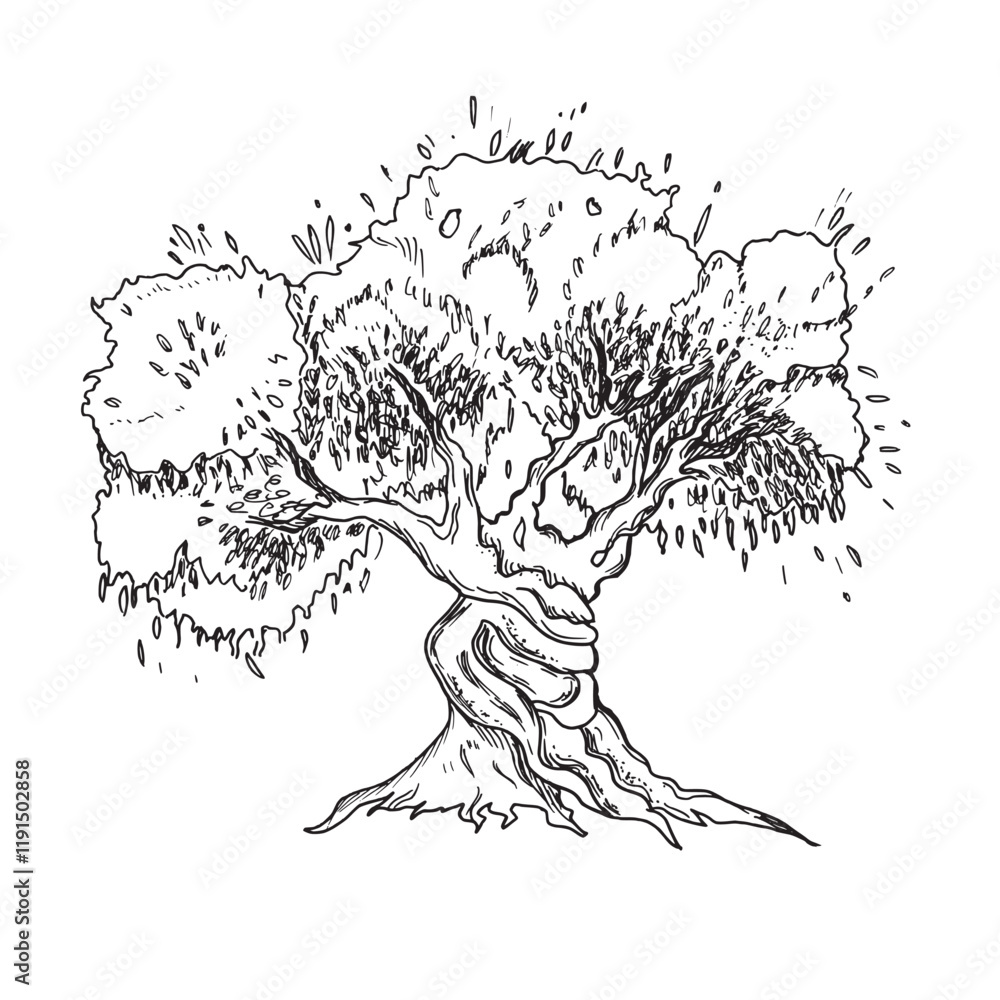 Fototapeta premium Olive tree graphic drawing. Hand drawn ink illustration isolated on a white background. Sketch for menu, product and italian, greek, spanish cuisine design.