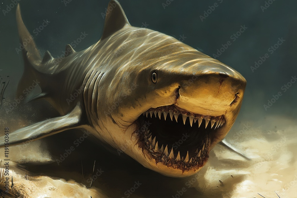 Obraz premium Closeup of sand tiger shark exhibiting toothy grin in ocean habitat with diffused lighting and detailed texture capturing intense curiosity