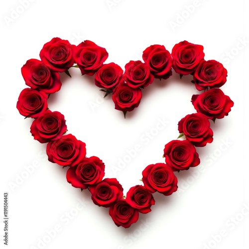 A classic heart shape outlined with vibrant red roses on white photo