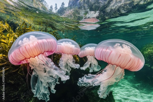 Large pinkishwhite jellyfish with flowing tentacles in peaceful cove photo