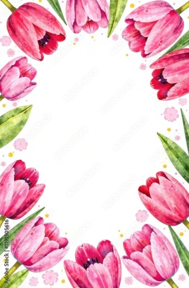 Postcard in vertical format with tulip buds and leaves located along the edges and with space for an inscription in the center on a white background. Women's Day. Postcard in vertical format with tulip buds and leaves located along the edges and with space for an inscription in the center on a white background. Women's Day.