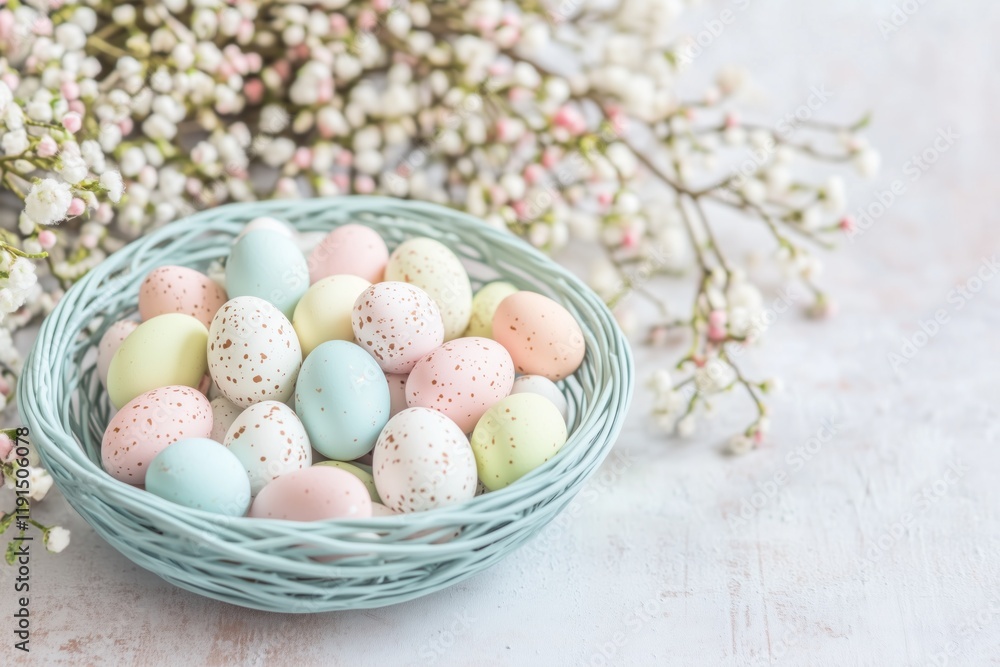 Fototapeta premium Pastel easter eggs nest with spring flowers decoration